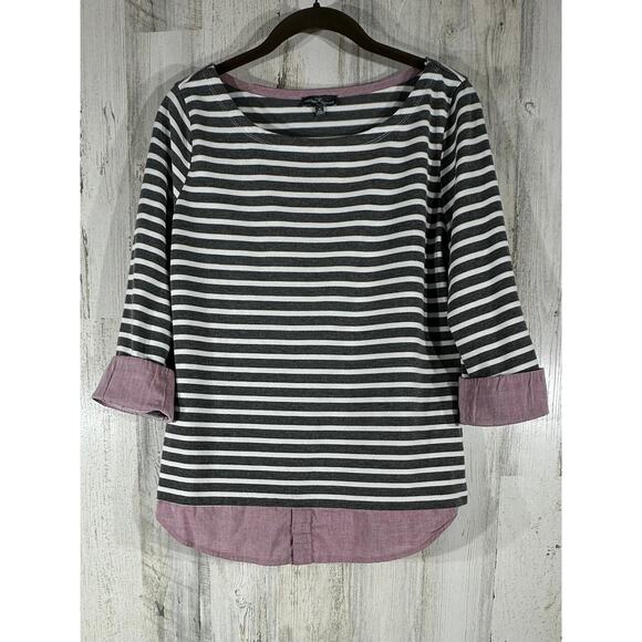 Market & Spruce Tops - Market & Spruce Evella Boatneck Top Size Medium Gray Stripe Layered Contrast Hem
